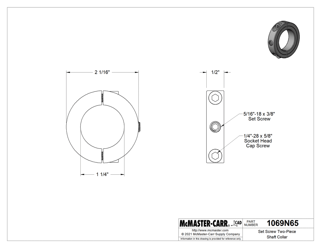 Technical Drawing of Set Screw Two-Piece Shaft Collar, for 1-1/4" Shaft Diameter, Black-Oxide 1215 Carbon Steel.
